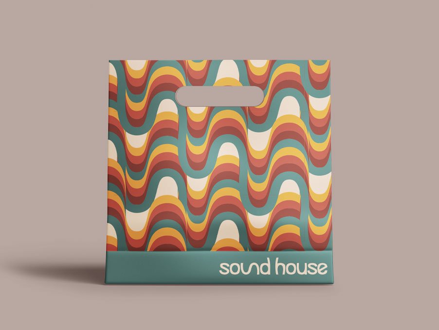 Colorful bag with wavy retro pattern and 'sound house' text