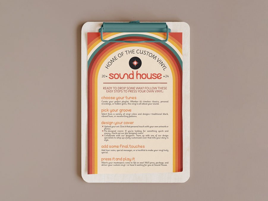 A clipboard holding a colorful poster for 'Sound House' with steps to create custom vinyl records. The design includes a retro-style rainbow border and text detailing the process: choose tunes, pick grooves, design cover, add touches, and press vinyl