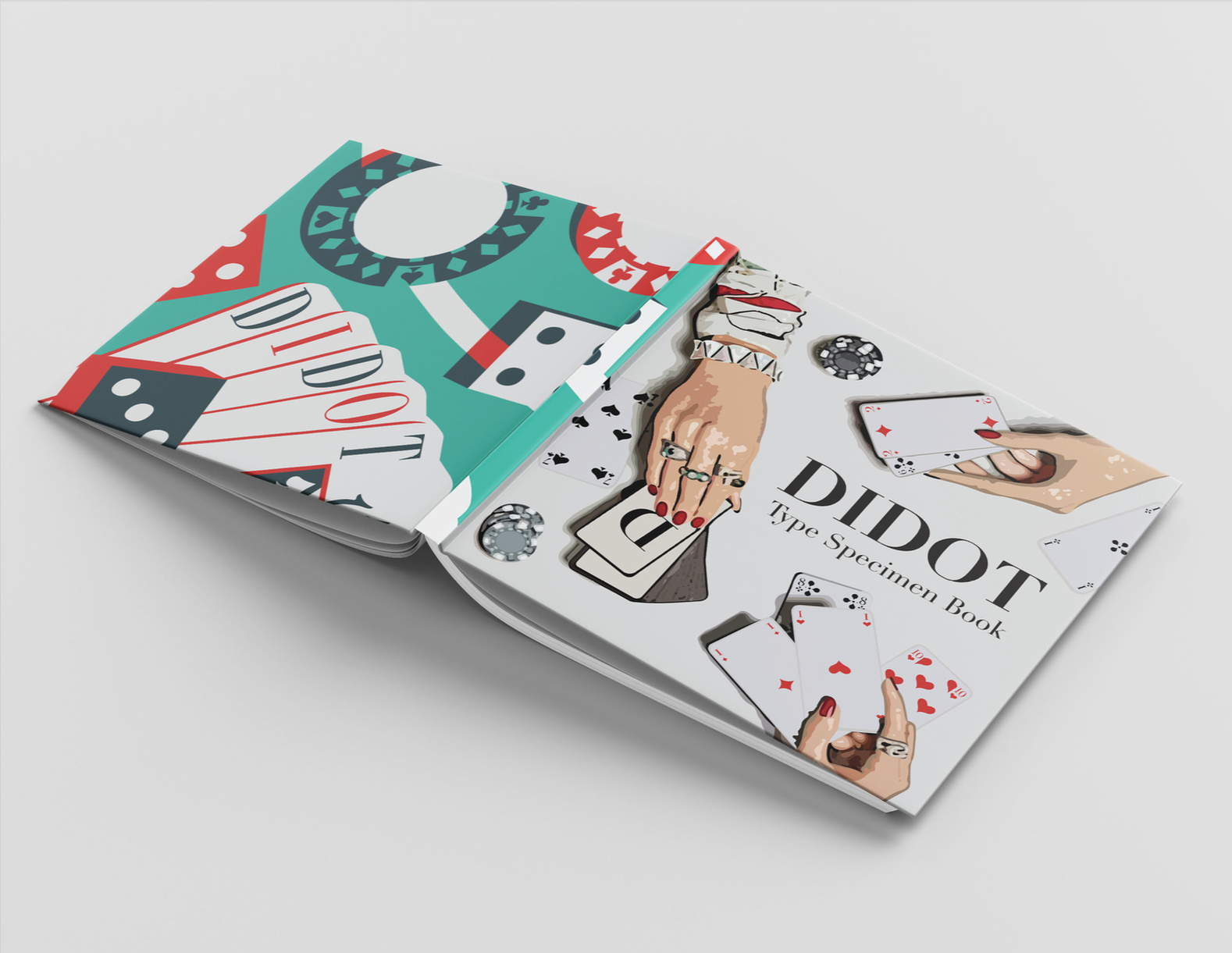 Open books titled 'Didot Type Specimen Book' with illustrated poker themes, including playing cards and casino chips.