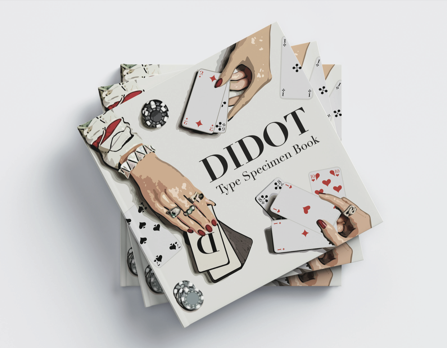 Stack of Didot type specimen books with illustrated playing cards and poker chips on the cover.