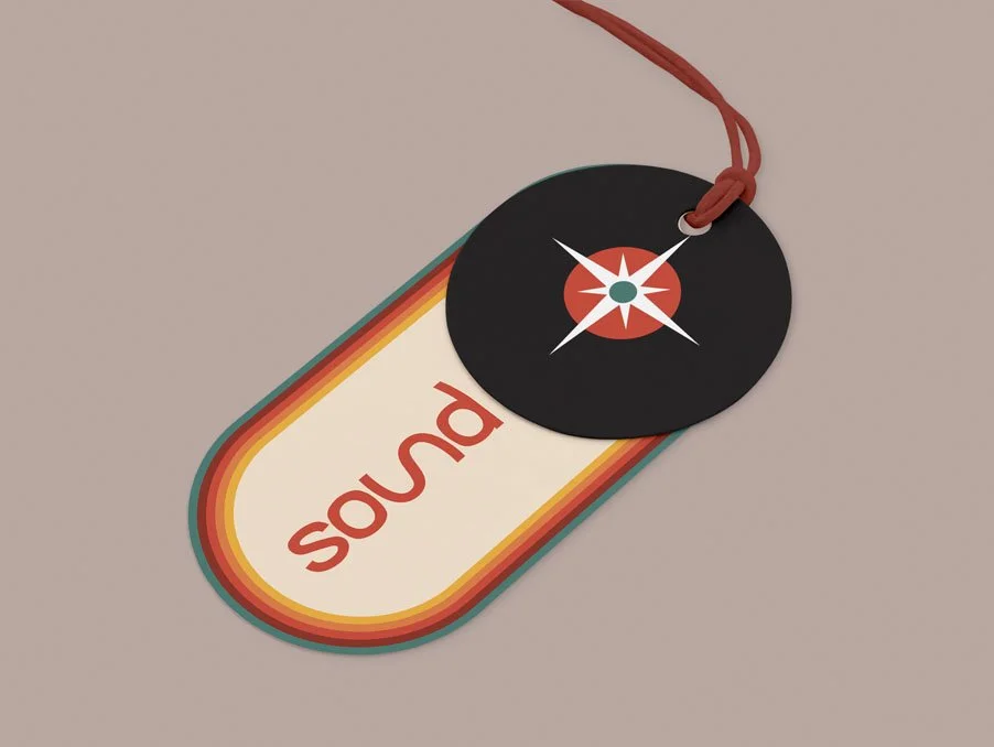 Retro-themed tag with 'sound' text and star logo