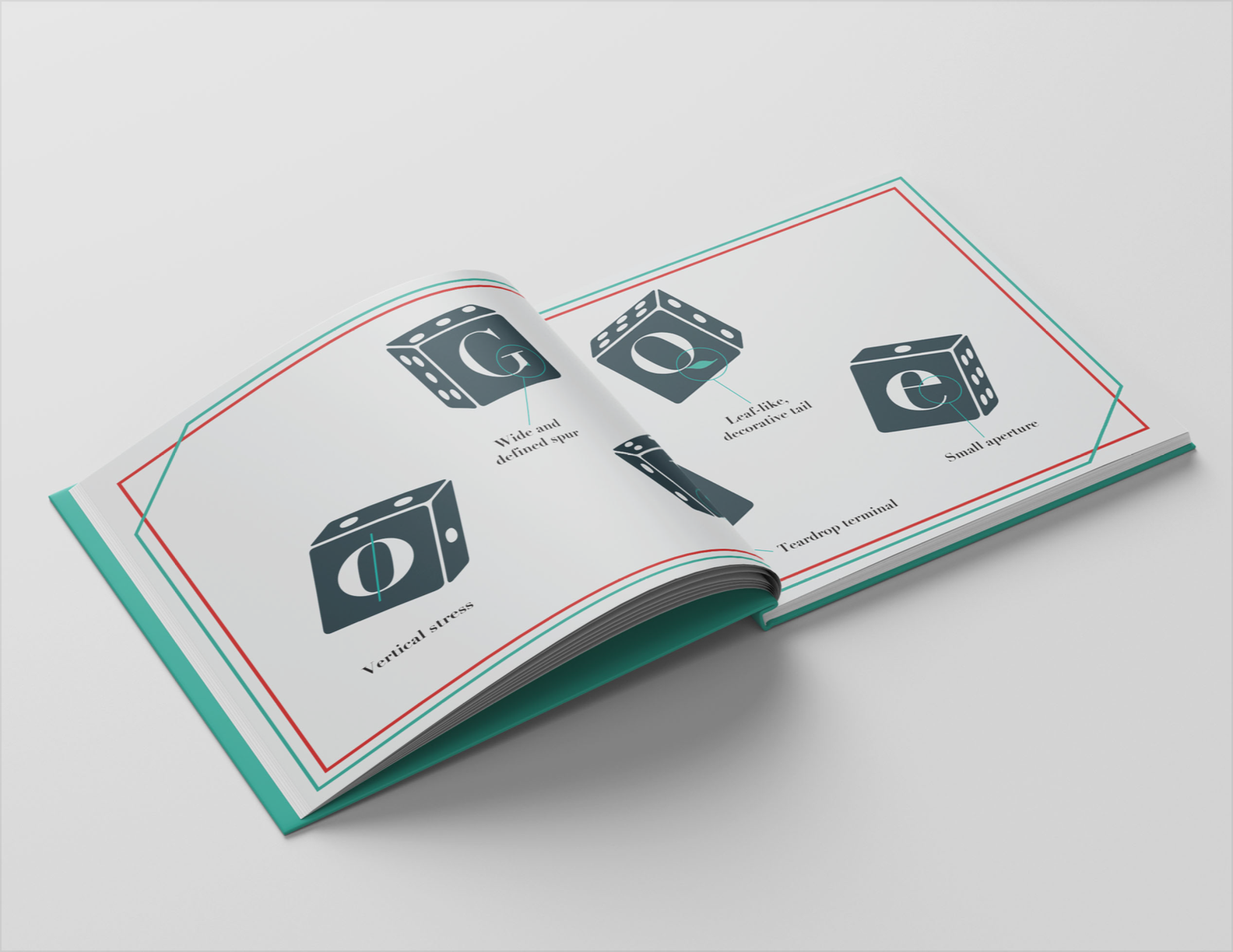 Open book displaying typographic elements on a white page with blue and red borders.