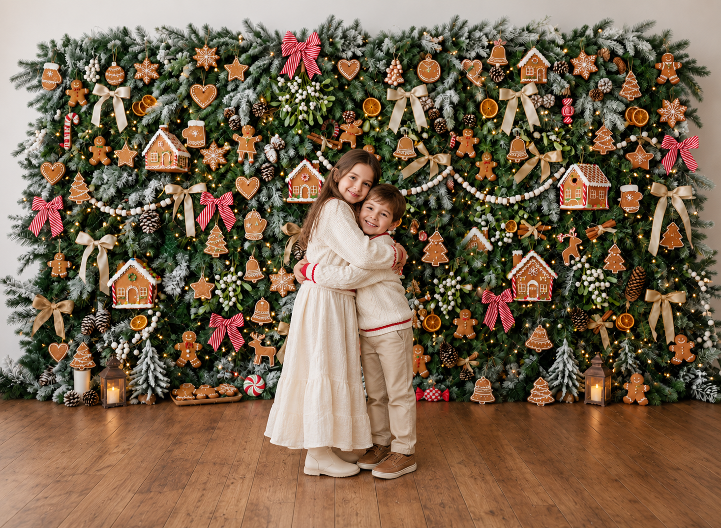 Two children hugging in front of a decorated Christmas tree with gingerbread ornaments, bows, and lights.