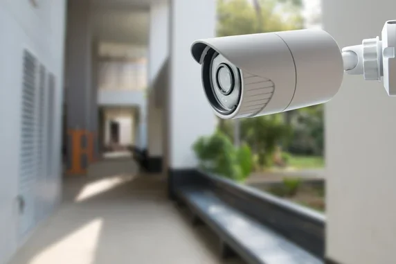 Security camera mounted outside window in hallway