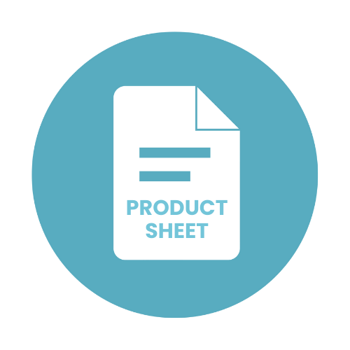 Icon of a document labeled 'Product Sheet' inside a blue circle.