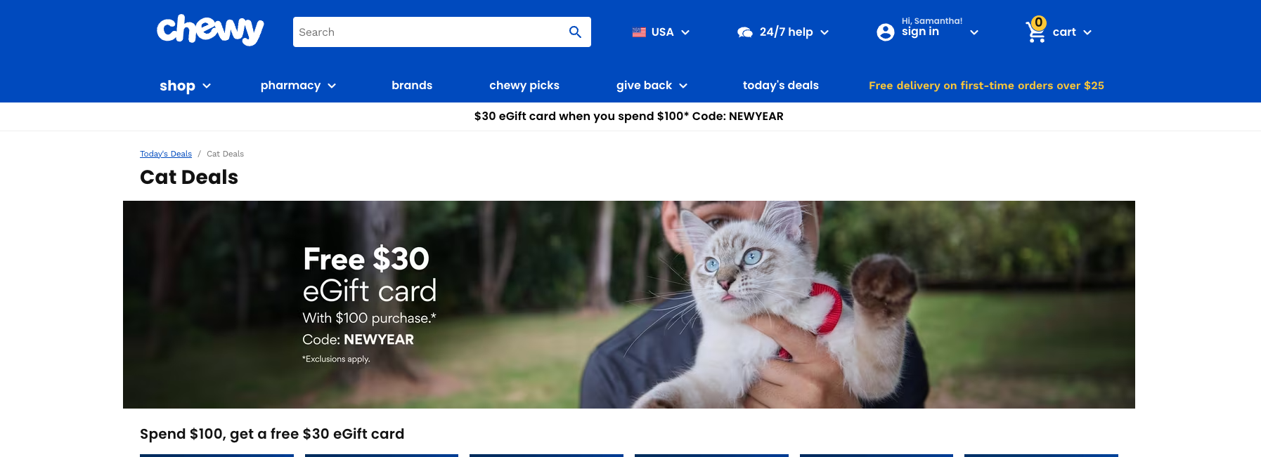 Chewy website screen shot of a ad banner of a man holding kitten gojo in front of his face.