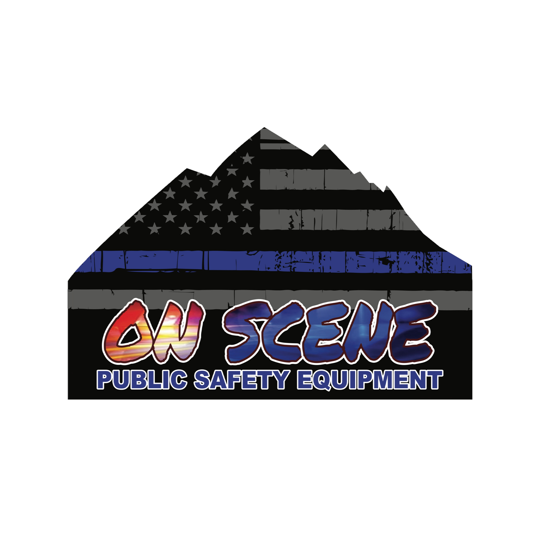 Logo for On Scene Public Safety Equipment featuring an American flag with a blue line and mountain silhouette.