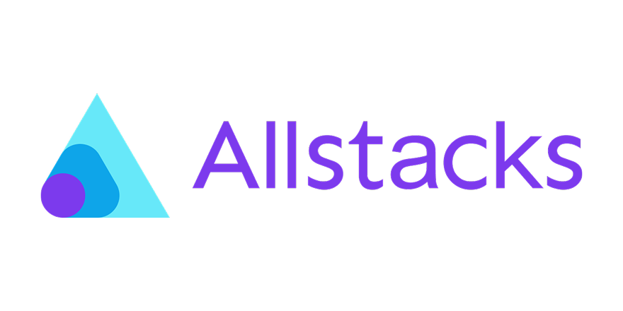 Allstacks logo with a blue triangular icon and purple text