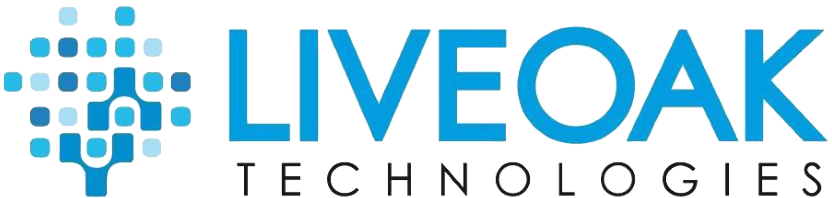 Logo for LiveOak Technologies featuring a stylized tree icon and the company name in blue and black text.