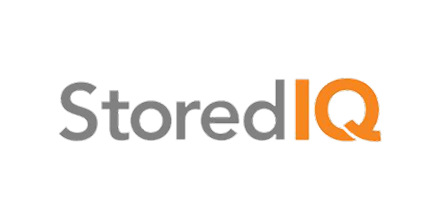 The StoredIQ logo with the text 'StoredIQ' in gray and orange letters on a black background.