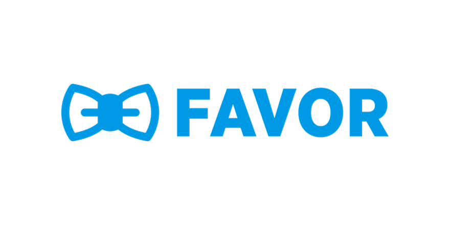 Blue bowtie icon with the word "FAVOR" in blue capital letters on a black background.