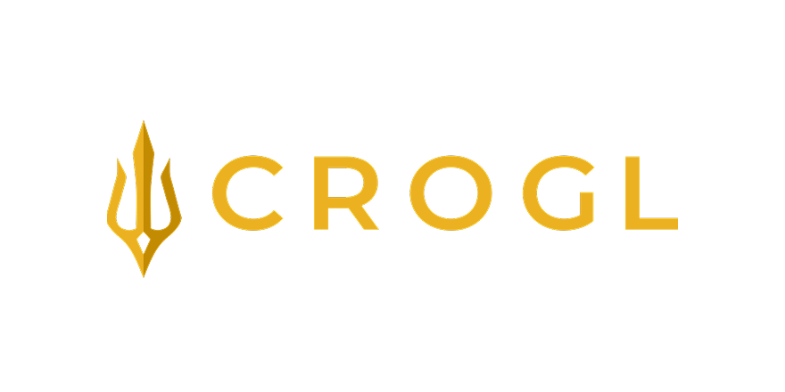 Logo with a golden trident symbol and the word "CROGL" in gold capital letters on a black background.