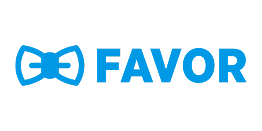 Blue bowtie icon with the word "FAVOR" in blue capital letters on a black background.