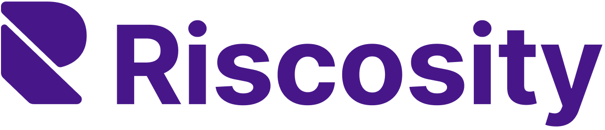 Riscosity logo with a purple icon resembling a stylized leaf or checkmark and the word 'Riscosity' in purple text.
