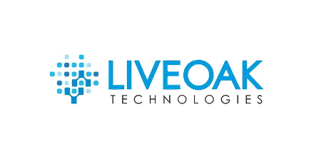 Liveoak Technologies logo with blue and black text and a blue abstract tree-like icon on a black background.