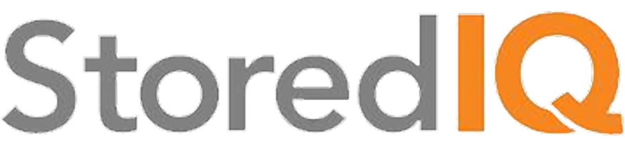 Logo for StoredIQ, featuring the word 'Stored' in gray and the letter 'Q' in orange with a magnifying glass inside the Q.