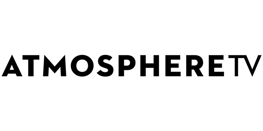 The logo of ATMO SPHERE TV, featuring the words 'ATMOSPHERE TV' in black, outlined text on a white background.