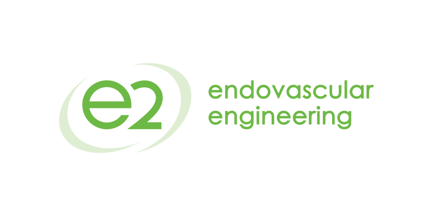 Logo for endovascular engineering with a green 'e2' and black and white swirl design.