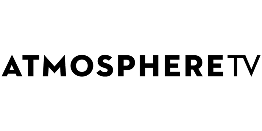 The logo of ATMO SPHERE TV, featuring the words 'ATMOSPHERE TV' in black, outlined text on a white background.