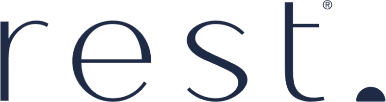 Close-up of the logo with the word 'rest' in lowercase letters on a black background.