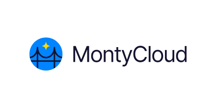 MontyCloud logo featuring a blue globe with a yellow star, two bridges and the company name.
