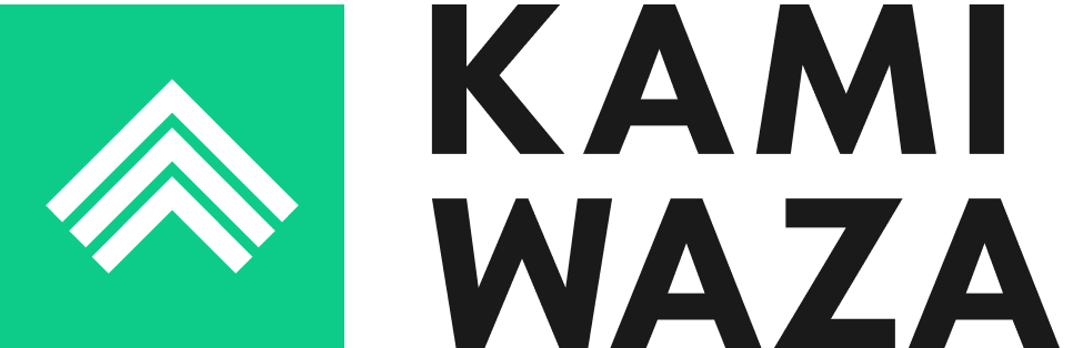 Graphic of upward pointing black arrows in a square on a green background, next to the text 'KAMI WAZA' in black.