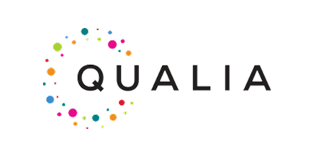 Colorful dotted circle next to the word 'QUALIA' in black