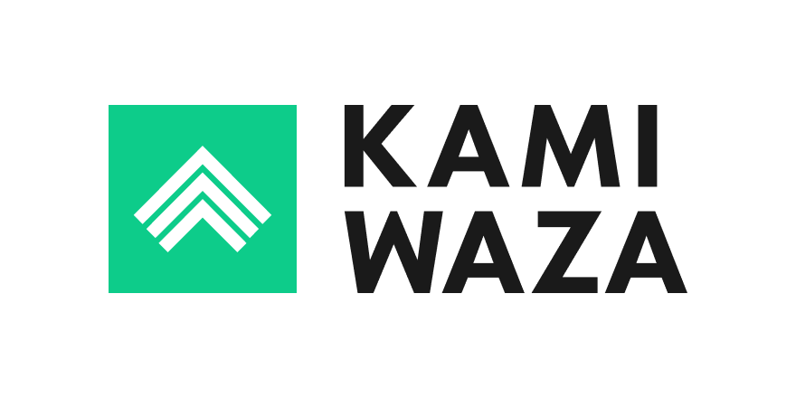 KAMIWAZA logo with a black arrow-rosette design inside a teal square and the company name in black text.