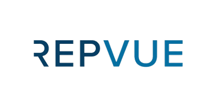 The word 'REPVUE' stylized in blue and white with a glitch effect.