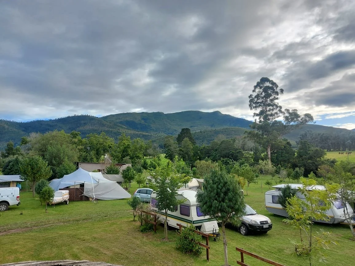 Camping area with tents, caravans, and cars on grassy land, surrounded by trees and mountains under a cloudy sky.