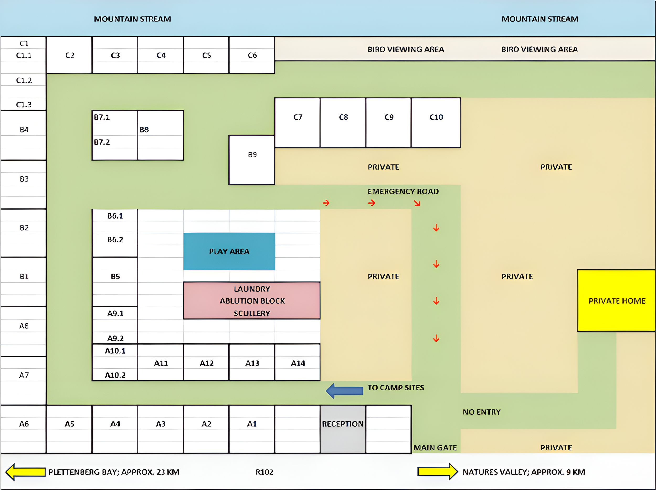 Map of a camp layout showing various zones including a play area, laundry, ablation block, scullery, private areas, private home, and bird viewing area, with pathways, emergency road, main gate, reception, and directional labels to Plettenberg Bay and Natures Valley.