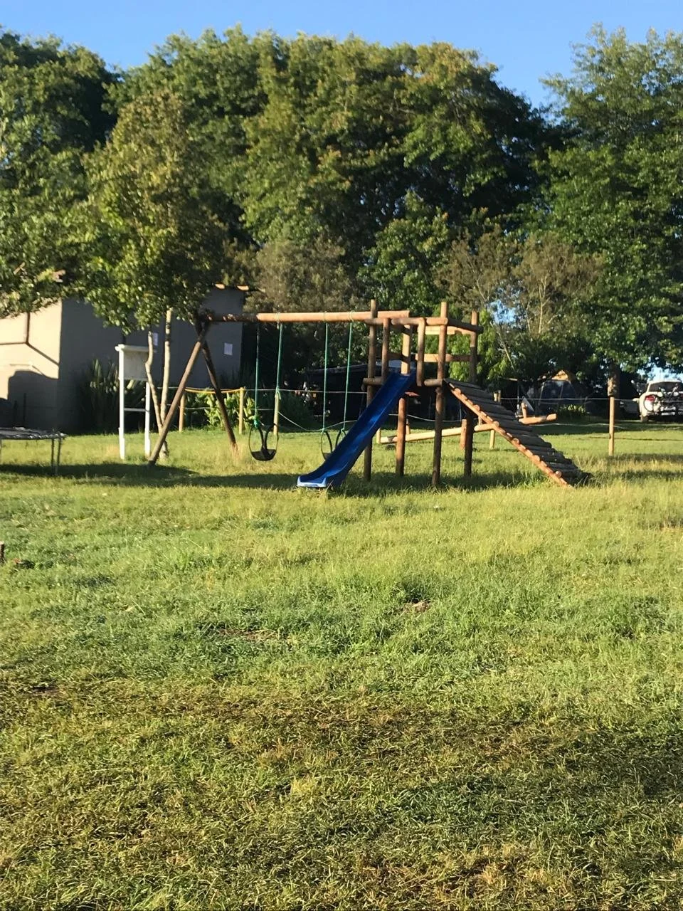 Children's outdoor playground with swings, slide, and climbing structures in a grassy yard with trees in the background.