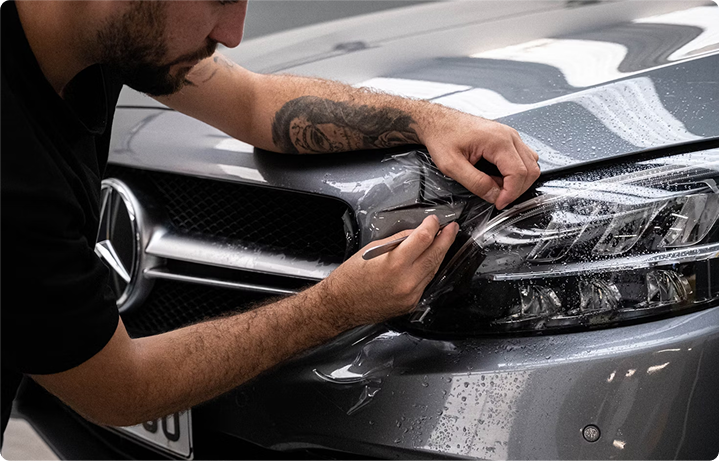 Person repairing the front headlight of a silver Mercedes-Benz vehicle