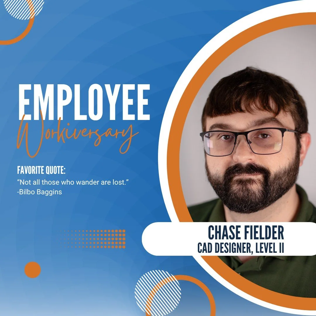 This month we&rsquo;re celebrating 3 years with Chase Fielder! 

Chase is a talented CAD Designer with over 5 years of experience in mechanical and civil drafting. His background spans industries from material handling to 3D printing and paper waste,