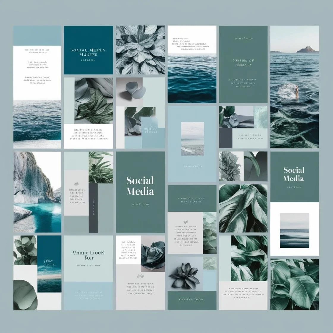 Collage of Instagram post templates with ocean and nature themes, featuring water, waves, rocks, plants, and text about social media and wellness in shades of blue and green.