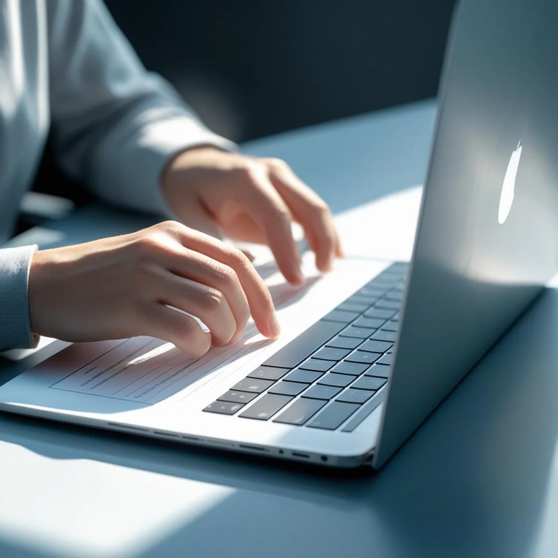 Close-up of a person using a laptop with a paper document on a desk.