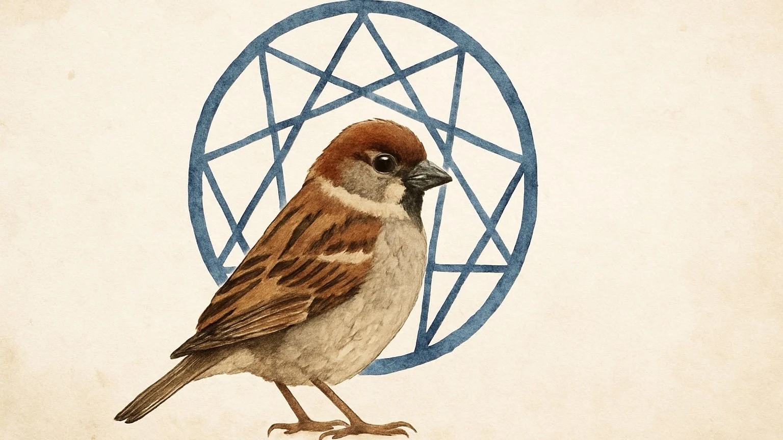 A realistic illustration of a sparrow, standing in front of a geometric Enneagram symbol on a light background.