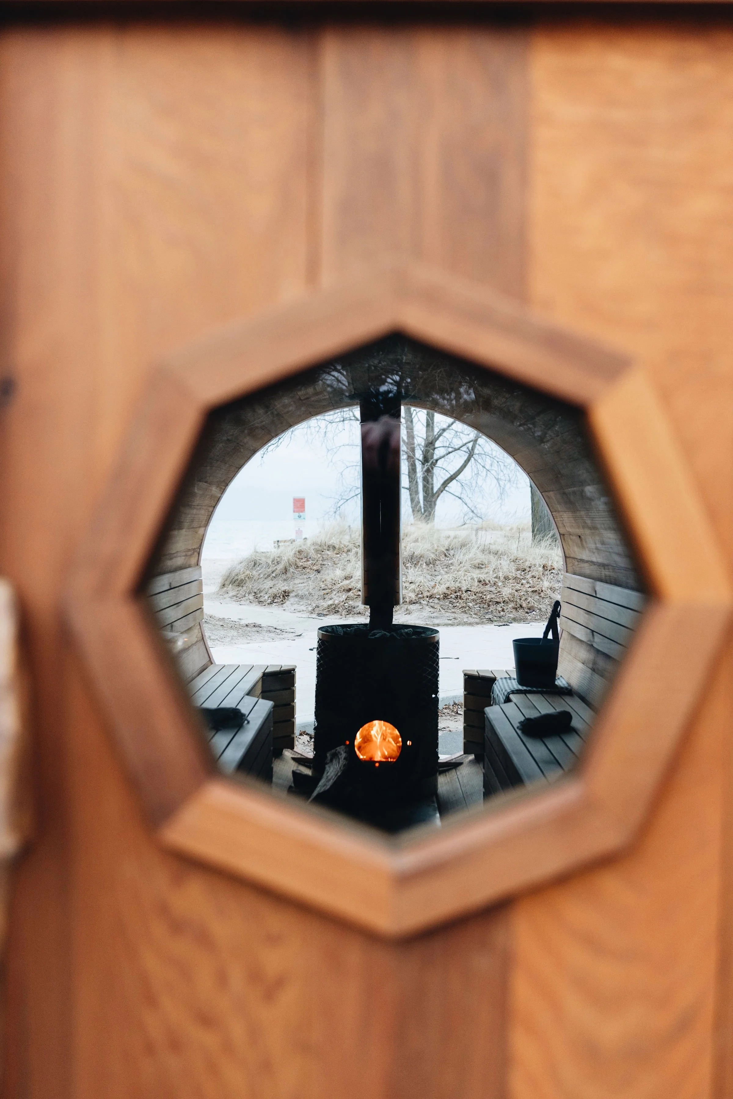 Inside of an outdoor wood burning sauna