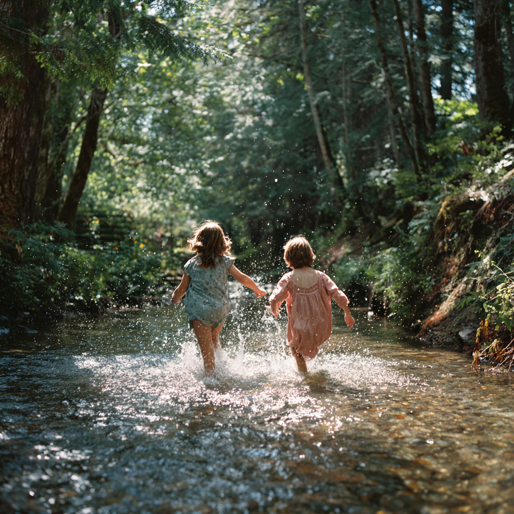 an image of two homeschool children running through a sun drenched creek