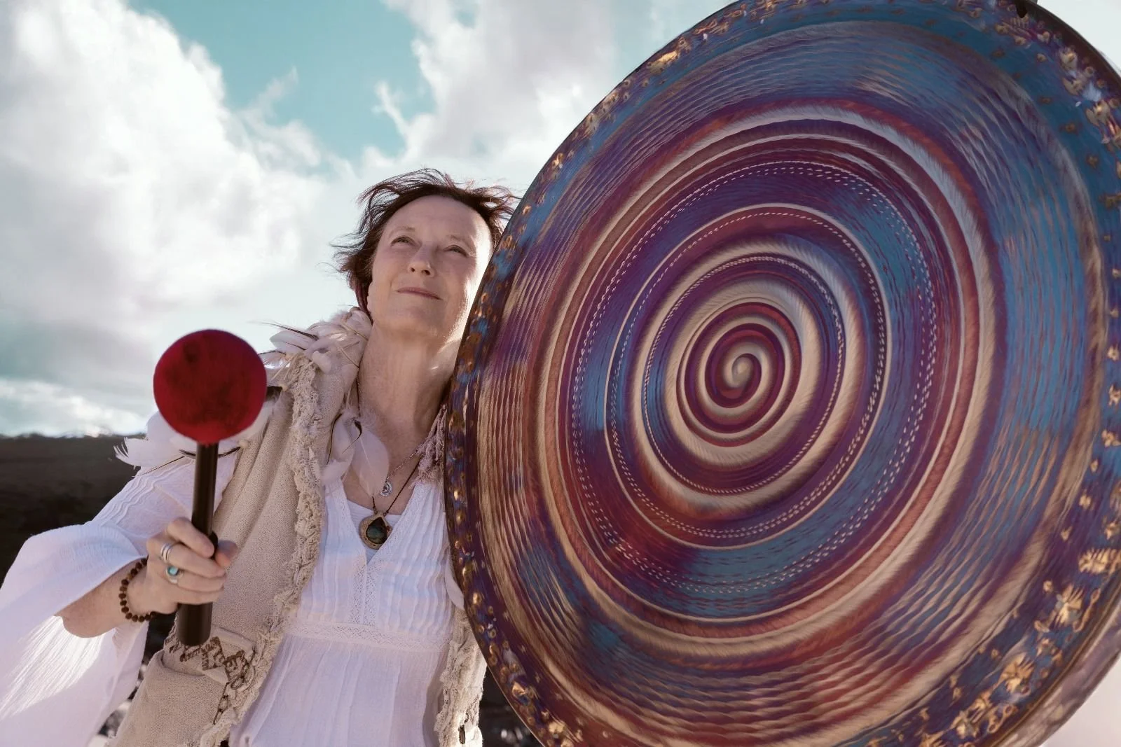Annie with her purple gong used in sound healing gong workshop