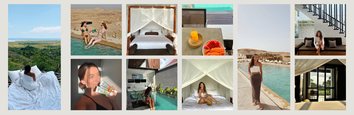 Collage of vacation and relaxation scenes, including a person gazing over a scenic view from a bed, individuals enjoying a pool in a desert setting, a cozy bedroom setup, a table with orange juice and sliced fruit, a woman sitting on a sofa near stairs, a person drinking from a bottle, a private pool area, and various picturesque backdrops.