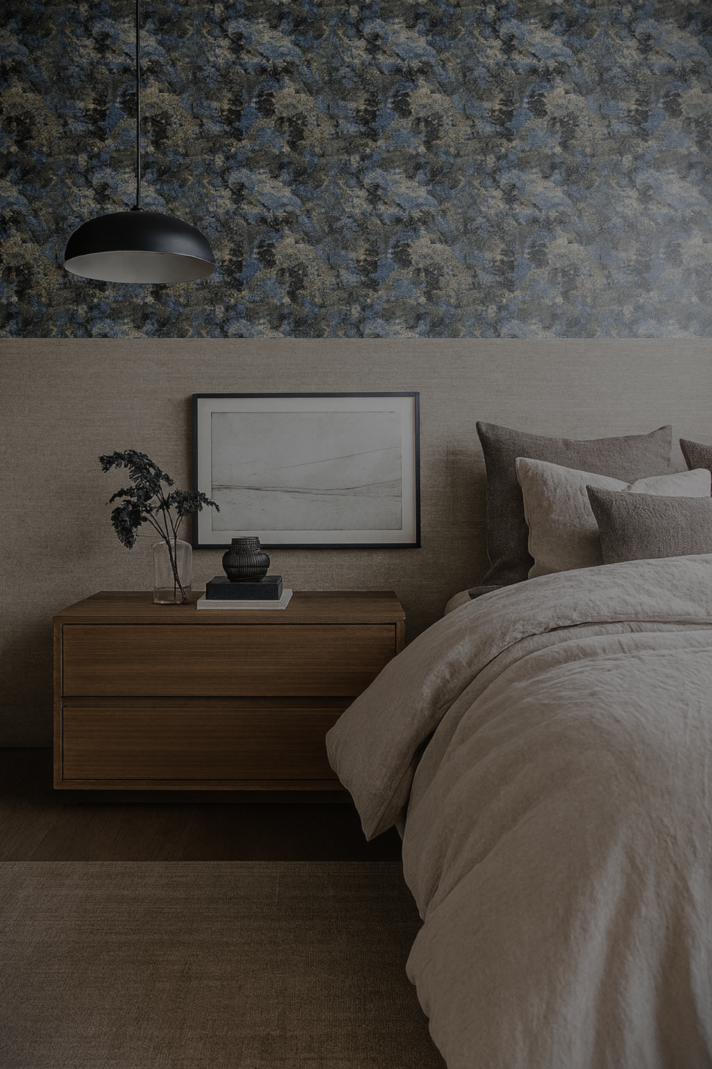 Midtown primary suite by Studio Black Oak — refined and serene with linen wallcoverings, bespoke millwork, and sculptural lighting centerpiece