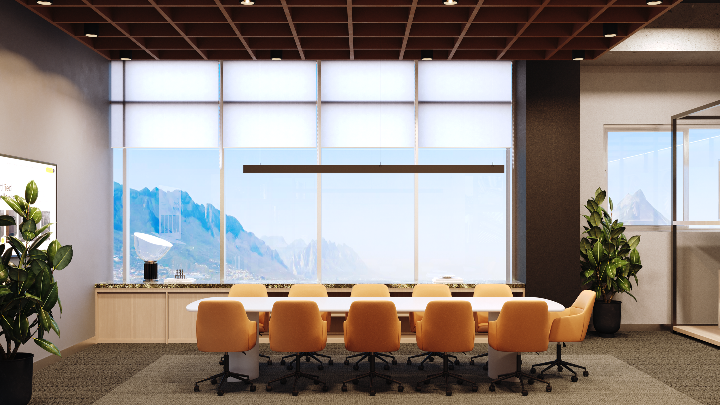 Sala de reuniones con mesa ovalada y sillas color crema, grandes ventanales con vista a montañas, plantas de interior, iluminación empotrada en el techo y decoraciones modernas.