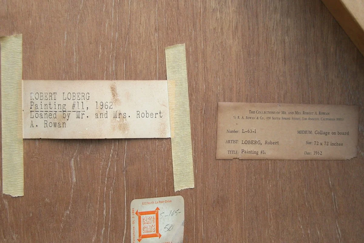 Close up detail of back labels on a painting owned by California Art Company.