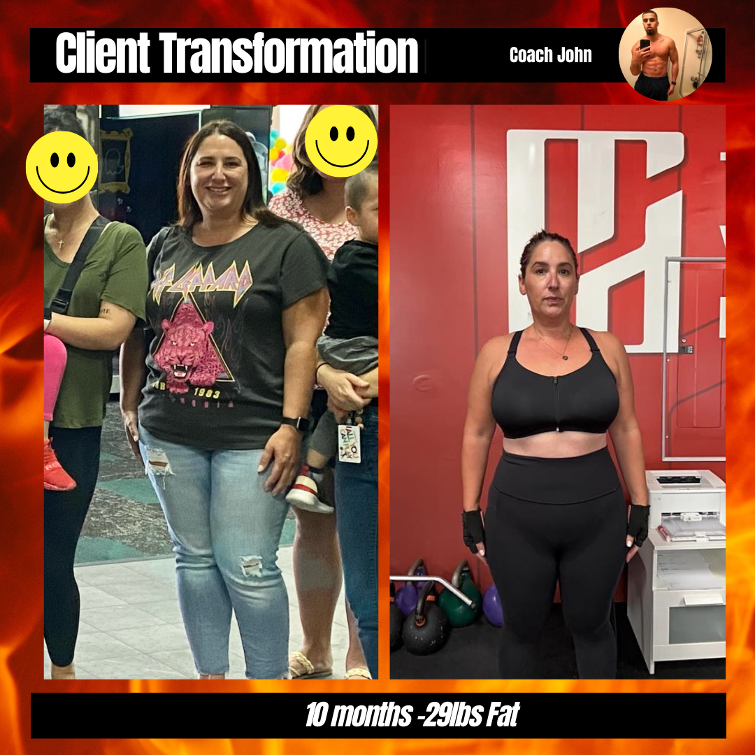 Before and after photos showing a woman’s 10-month fitness transformation at Coach John gym, indicating a loss of 29 pounds of fat.