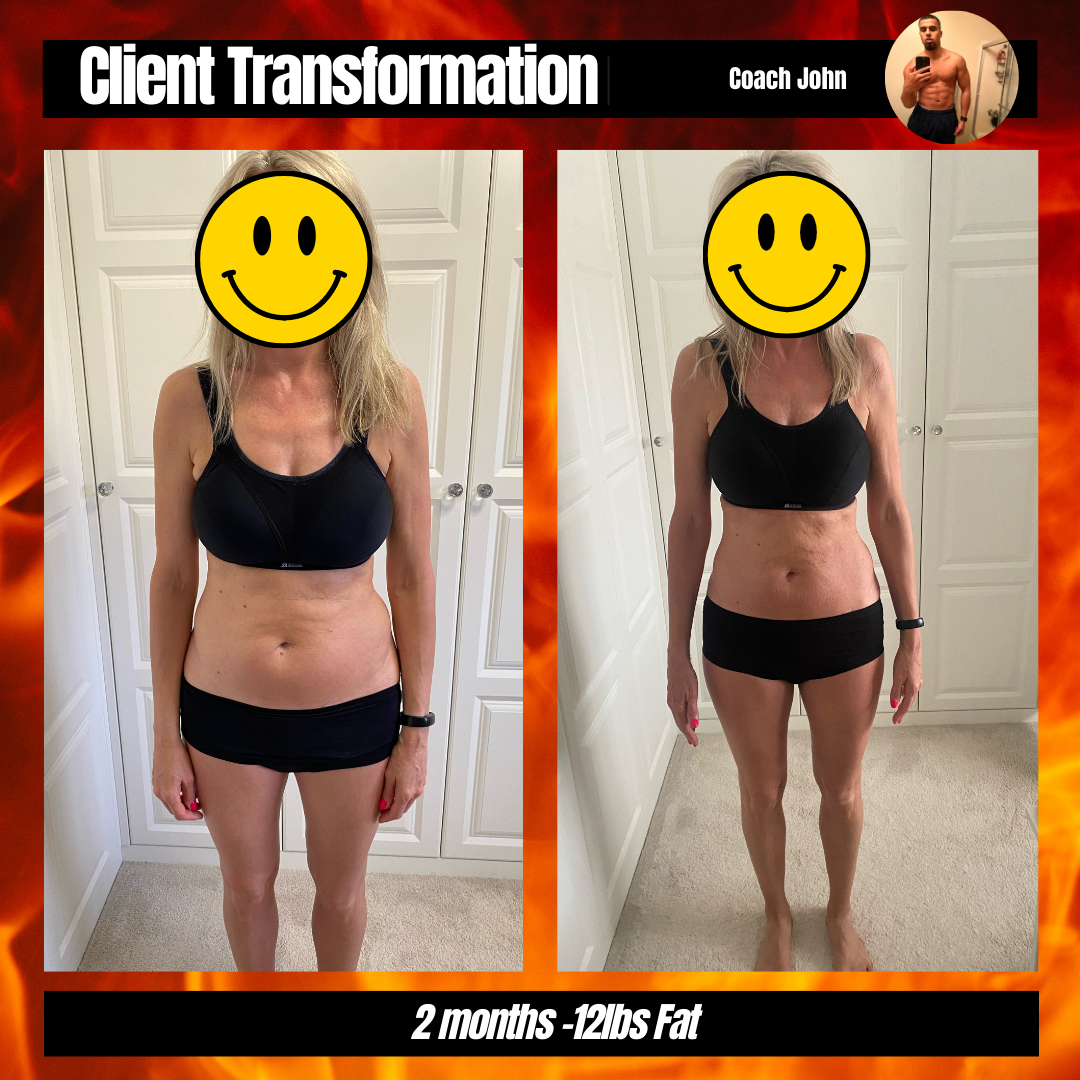 Before and after photos of a woman with a smiley face covering her face, wearing a black sports bra and shorts, showing body transformation over two months with 12 pounds fat loss. The background is a white closet, and the images are part of a client transformation by Coach John.
