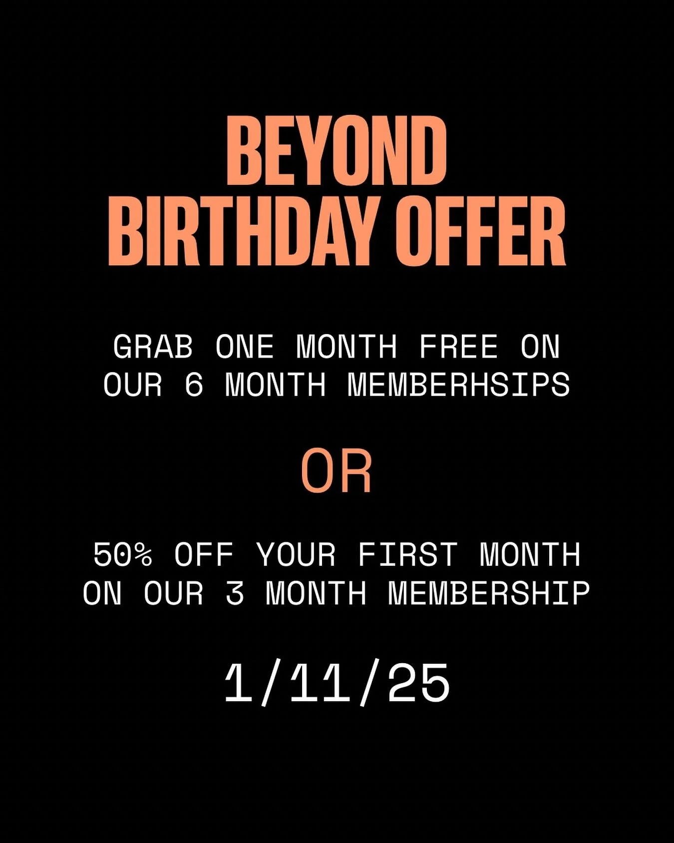 🎁 BEYOND BIRTHDAY OFFER 🎁

Our First Birthday Offers: 

ONE MONTH FREE on our 6 month memberships

Or 

50% OFF your first month on our 3 month membership 

Codes will be launched on Saturday morning at 10am or better yet we are throwing a party to