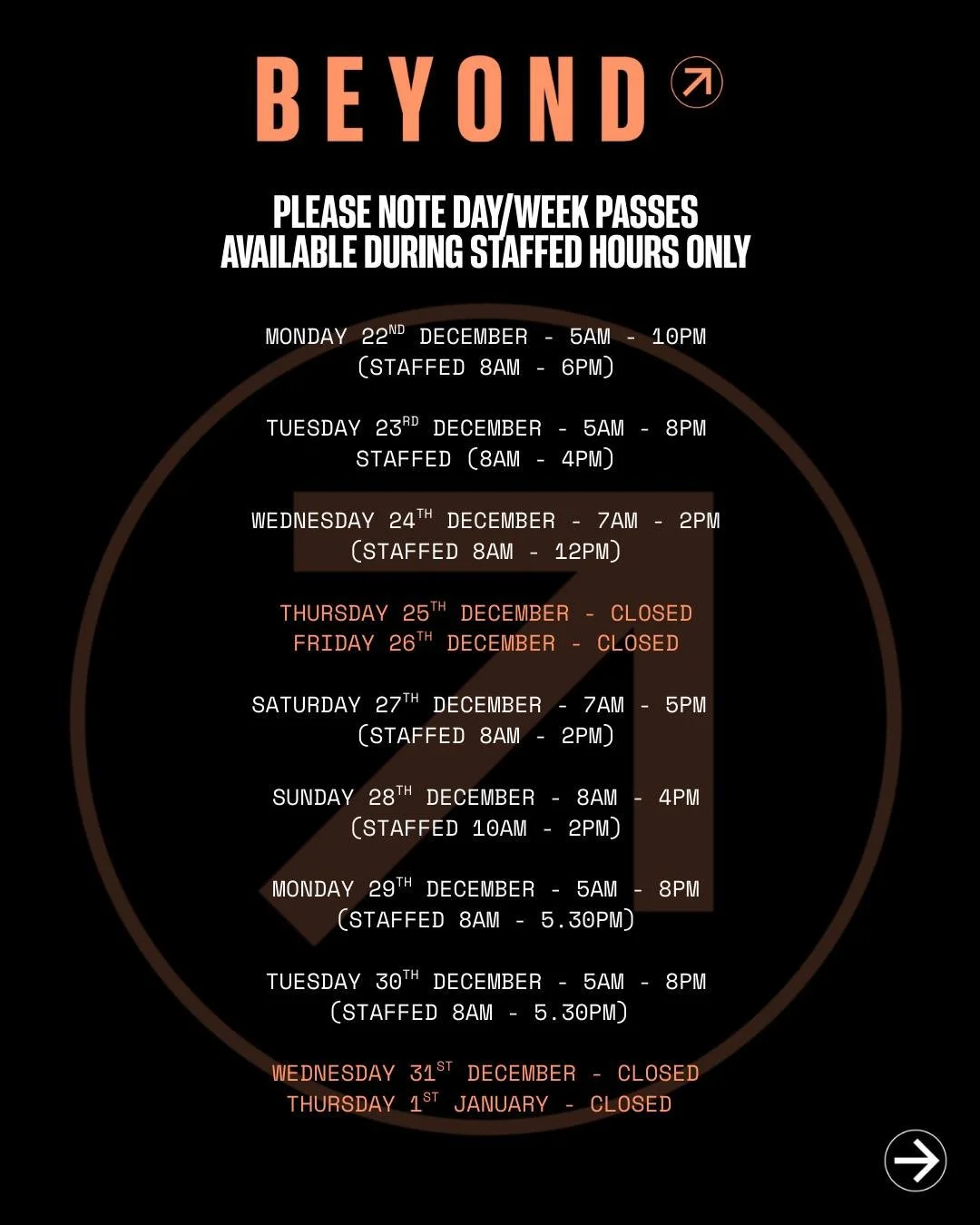 Your Festive schedule at Beyond 🎄 

The time of year where you barely know what day or time it is we are here. 

That 45-60 mins to yourself.
Keep the habits you've built this year
Make the January return a little less daunting

or simply to bring t