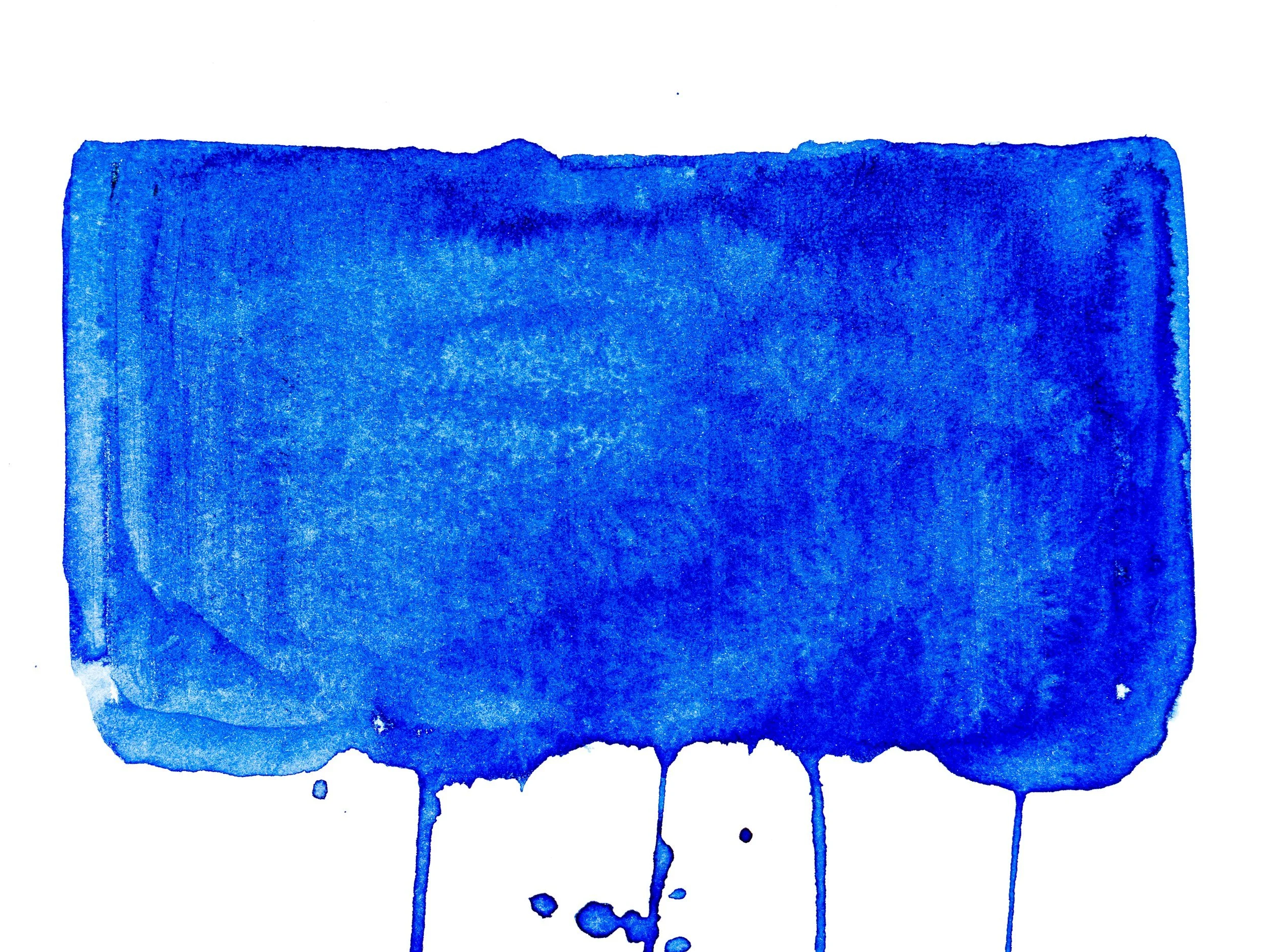 Blue watercolor paint splash with drips on white background.