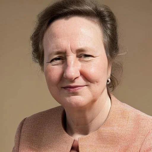 A close-up portrait of a middle-aged woman with short brown hair wearing a pink blazer and small earrings, smiling softly at the camera.